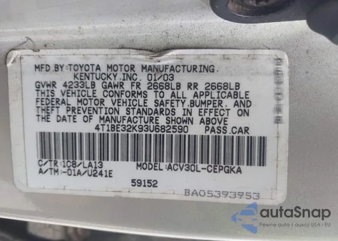 2003 Toyota Camry Xle из США, поврежденный, VIN 4T1BE32K93U682590